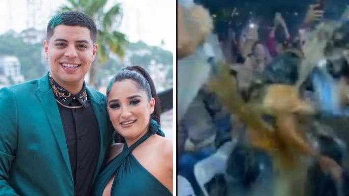 Critican a Eduin Caz por bañar de cerveza a su esposa en pleno concierto de Grupo Firme